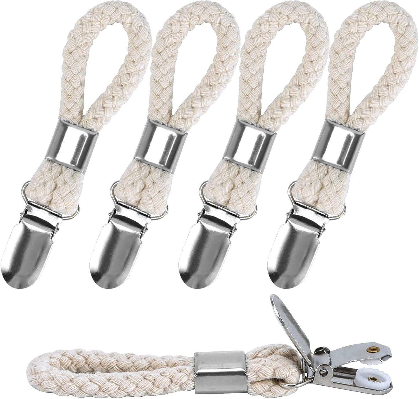 5 Pack Hanging Tea Towels Clip,Metal Kitchen Towels Clips with Hanging Loop Cloth Hook Clip Hangers for Home Kitchen Bathroom Cupboards Cloth Hanger Holder Brackets-Braided Cotton Loop