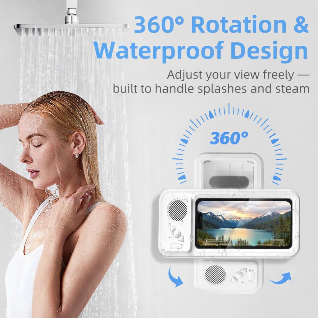 Shower Phone Holder with Bluetooth Speaker - Waterproof Wall-Mounted Shower Phone Case, Hands-Free Music Playback, Anti-Fog & Sensitive Touchscreen Case Stand for Phones Accessories Gift for Men Women