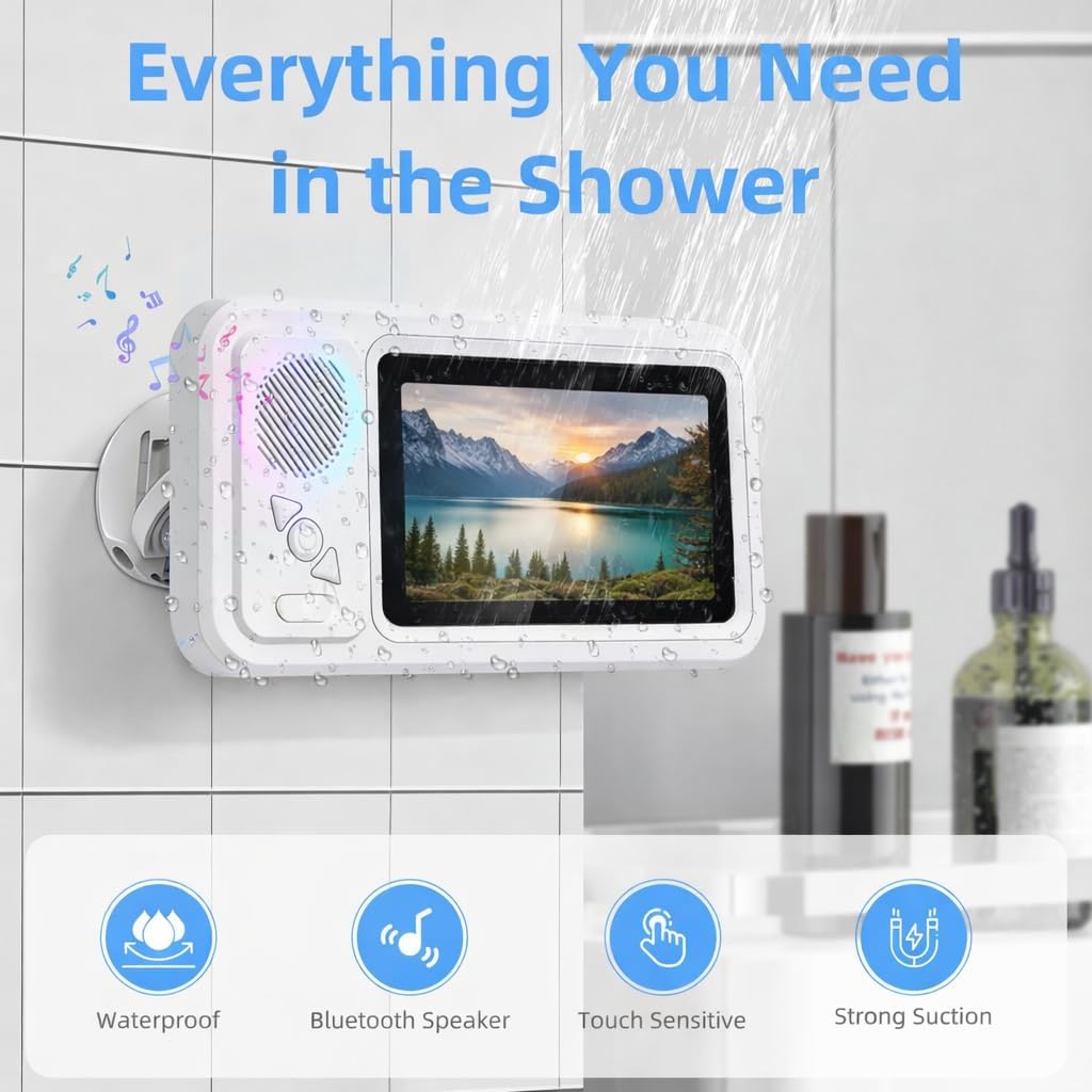 Shower Phone Holder with Bluetooth Speaker - Waterproof Wall-Mounted Shower Phone Case, Hands-Free Music Playback, Anti-Fog & Sensitive Touchscreen Case Stand for Phones Accessories Gift for Men Women