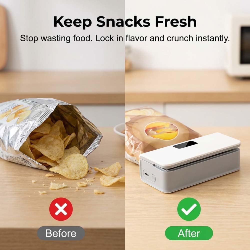 Mini Bag Sealer and Cutter, Rechargeable Potato Chip Bags Heat Sealer Capper, Upgrade Reseals Snack Plastic Bag Heat Seal and Cutter, Portable Bag Resealer for Snack Bags Food Storage (White)