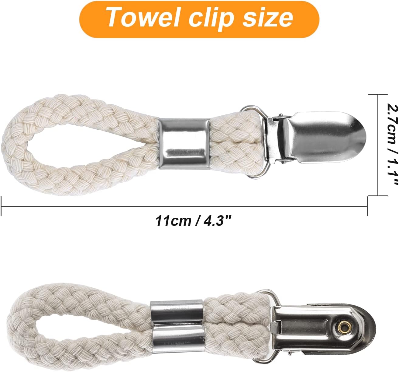 5 Pack Hanging Tea Towels Clip,Metal Kitchen Towels Clips with Hanging Loop Cloth Hook Clip Hangers for Home Kitchen Bathroom Cupboards Cloth Hanger Holder Brackets-Braided Cotton Loop