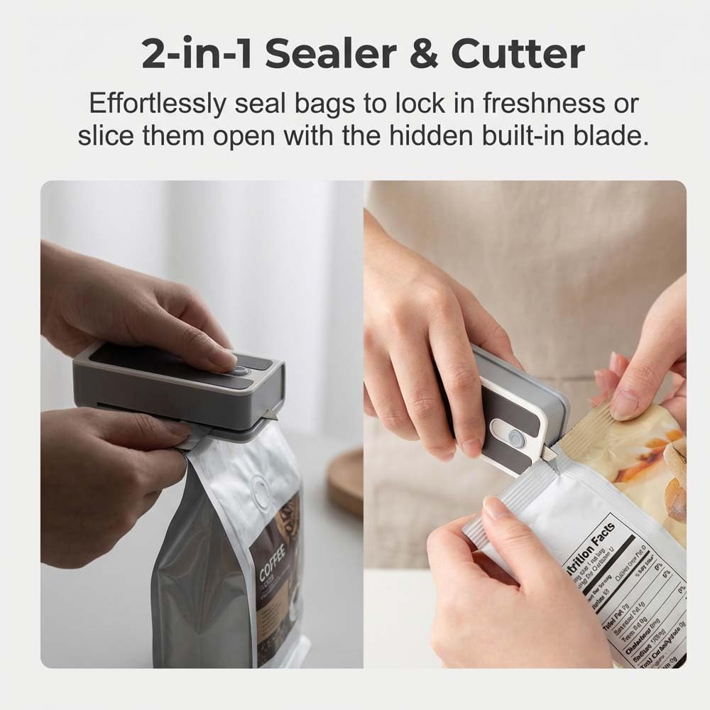 Mini Bag Sealer and Cutter, Rechargeable Potato Chip Bags Heat Sealer Capper, Upgrade Reseals Snack Plastic Bag Heat Seal and Cutter, Portable Bag Resealer for Snack Bags Food Storage (White)