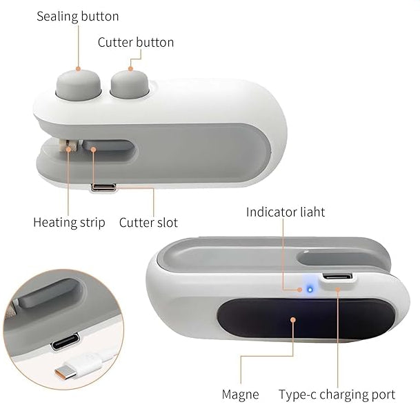 2in1 Rechargeable Chip Bag Sealer with Cutter, Portable USB C Heat Sealer Resealer Machine for Chip, Plastic Bags Heat Seal Tool for Snacks (White)