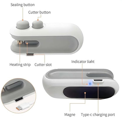 2in1 Rechargeable Chip Bag Sealer with Cutter, Portable USB C Heat Sealer Resealer Machine for Chip, Plastic Bags Heat Seal Tool for Snacks (White)
