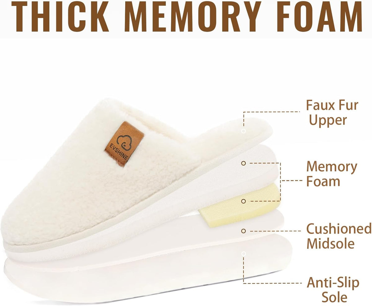 Evshine Women's Fuzzy Slip-on Slippers Comfy Lightweight Indoor House Scuff Slippers Closed Toe Soft Memory Foam Shoes