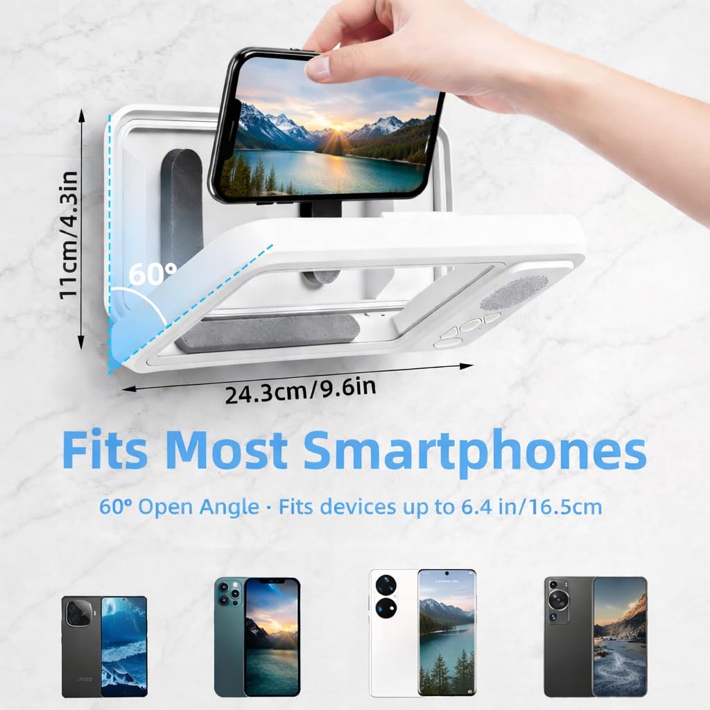Shower Phone Holder with Bluetooth Speaker - Waterproof Wall-Mounted Shower Phone Case, Hands-Free Music Playback, Anti-Fog & Sensitive Touchscreen Case Stand for Phones Accessories Gift for Men Women