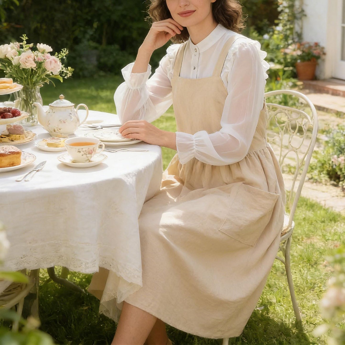 Uaussi Cotton Linen Apron Cross Back Work Apron for Women with Pockets Pinafore Dress X Cross Halter Apron for Chef Gardening