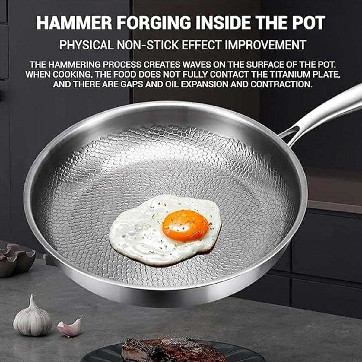Generic Titanium Pan, Uncoated Titanium Pan, Titanium Hammered Pan Pro, Non-stick Titanium Pan 26/28/30/32 cm for Cooking, Multifunctional Stainless Steel Pan