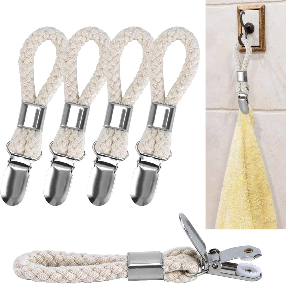 5 Pack Hanging Tea Towels Clip,Metal Kitchen Towels Clips with Hanging Loop Cloth Hook Clip Hangers for Home Kitchen Bathroom Cupboards Cloth Hanger Holder Brackets-Braided Cotton Loop