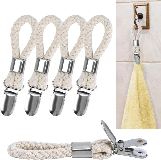 5 Pack Hanging Tea Towels Clip,Metal Kitchen Towels Clips with Hanging Loop Cloth Hook Clip Hangers for Home Kitchen Bathroom Cupboards Cloth Hanger Holder Brackets-Braided Cotton Loop