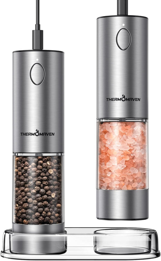 ThermoMaven Upgraded Larger Capacity Electric Salt and Pepper Grinder Set, 110ml Rechargeable Salt and Pepper Shaker with LED Light, Stainless Steel Automatic Pepper Mill with 6 Adjustable Coarseness