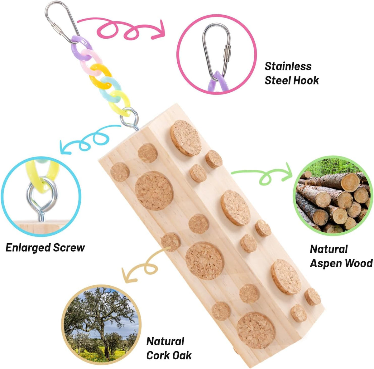 2 Pcs Wooden Bird Chew Toys - 7.9 Inch Hanging Parrot Toys, with 92 Detachable Corks, Relieve Boredom & Anxiety, Foraging Toys, for Parakeet, Cockatiel, Conure, Budgie, Lovebird