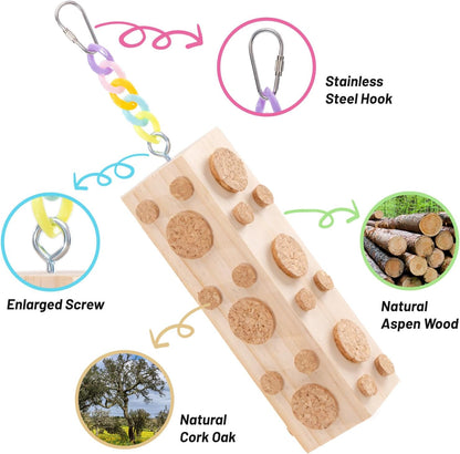 2 Pcs Wooden Bird Chew Toys - 7.9 Inch Hanging Parrot Toys, with 92 Detachable Corks, Relieve Boredom & Anxiety, Foraging Toys, for Parakeet, Cockatiel, Conure, Budgie, Lovebird