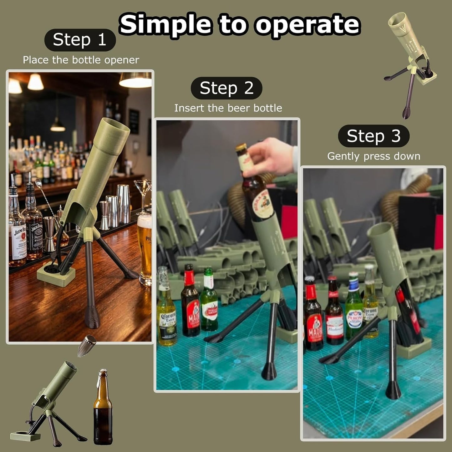 Beer Bottle Mortar Automatic Bottle Opener Bierflaschenöffner,51mm Flaschenöffner in Mörserform,Witziger Freihändiger Kronkorkenwerfer mit Druckknopf, Dekoration für Zuhause, Partys, Bar (A)