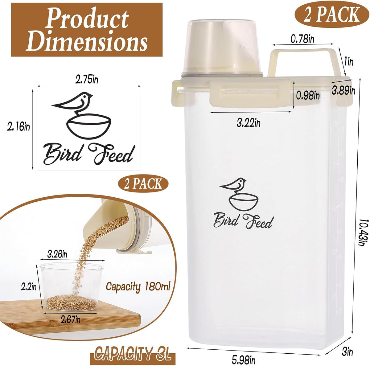 2 Pcs 3.17 Qt/3 L Bird Seed Storage Container Airtight- Portable Bird Food Container with Airtight Measuring Cup, Clear Pet Parrot Seed Dispenser for Birds Food Chicken Feed Storage, Beige Lid