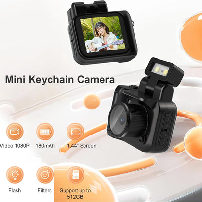 Mini Keychain Camera, 1080P 1.44 inch Small Nostalgia Retro Camera Tiny Video Camcorder with LED Flash and Charging Base, for Travel Study Recording (Black)