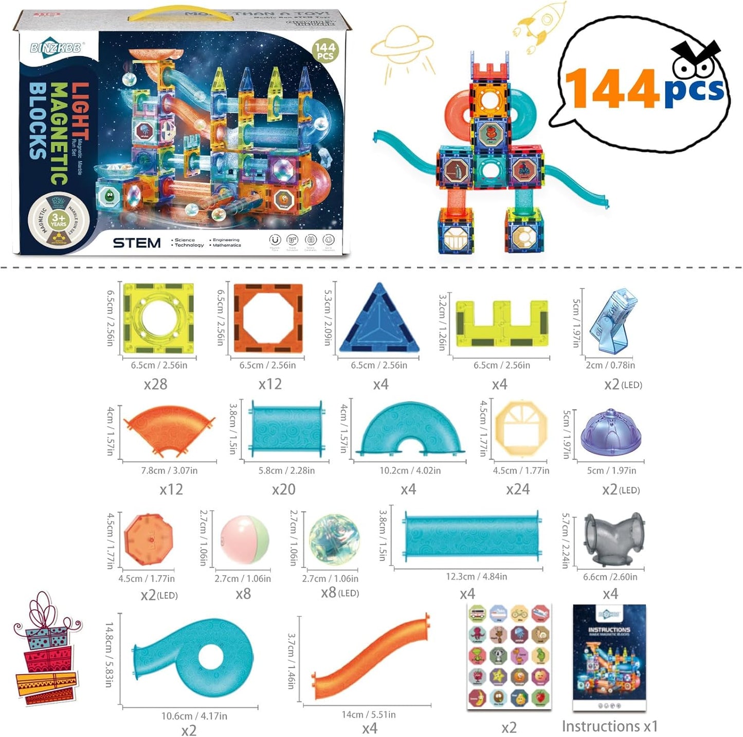 Magnetic Tiles Building Blocks Toys for Kids,144 PCS Magnet STEM Construction Set with LED Lights & Marble Run | Educational Learning Creative Gifts for Kids Ages 5-12 Boys and Girls