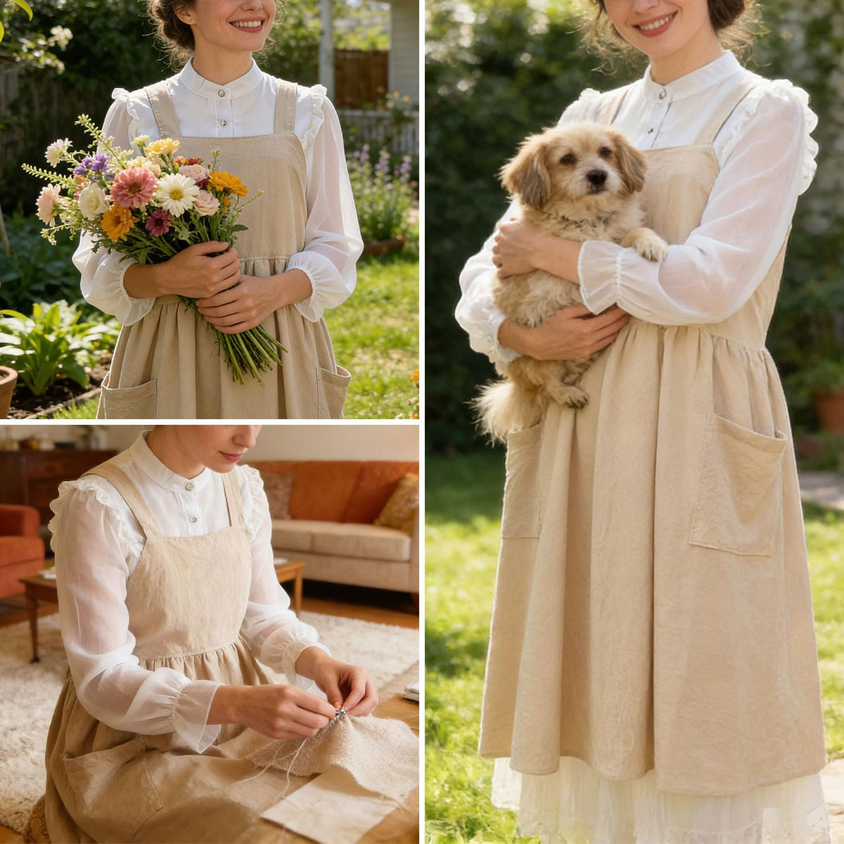 Uaussi Cotton Linen Apron Cross Back Work Apron for Women with Pockets Pinafore Dress X Cross Halter Apron for Chef Gardening