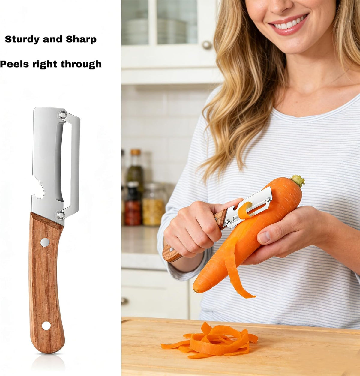 Vegetable Wooden Peeler for Kitchen Tool,Premium 2-in-1 Multifunctional Fruit & Vegetable Peeler with Built-in Bottle Opener, Ideal for All Fruits and Vegetables Needing Peeling