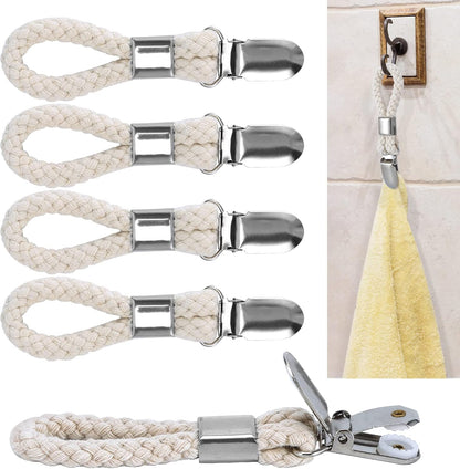 5 Pack Hanging Tea Towels Clip,Metal Kitchen Towels Clips with Hanging Loop Cloth Hook Clip Hangers for Home Kitchen Bathroom Cupboards Cloth Hanger Holder Brackets-Braided Cotton Loop