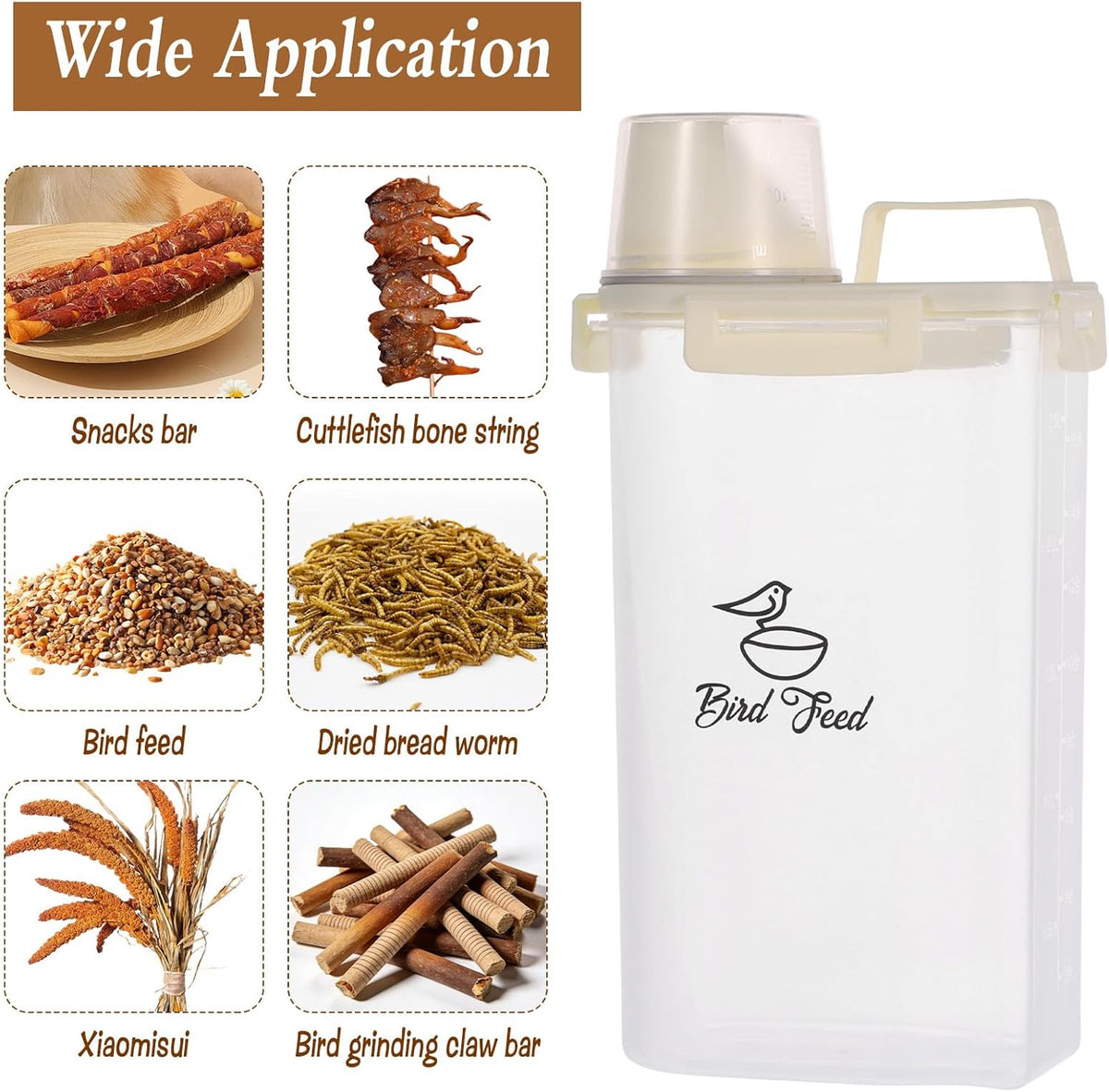 2 Pcs 3.17 Qt/3 L Bird Seed Storage Container Airtight- Portable Bird Food Container with Airtight Measuring Cup, Clear Pet Parrot Seed Dispenser for Birds Food Chicken Feed Storage, Beige Lid