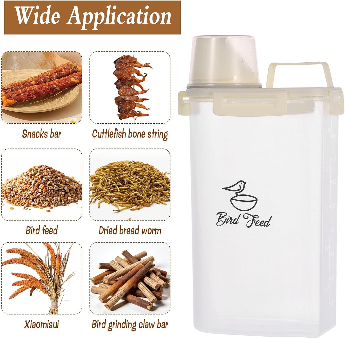 2 Pcs 3.17 Qt/3 L Bird Seed Storage Container Airtight- Portable Bird Food Container with Airtight Measuring Cup, Clear Pet Parrot Seed Dispenser for Birds Food Chicken Feed Storage, Beige Lid