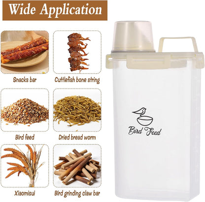2 Pcs 3.17 Qt/3 L Bird Seed Storage Container Airtight- Portable Bird Food Container with Airtight Measuring Cup, Clear Pet Parrot Seed Dispenser for Birds Food Chicken Feed Storage, Beige Lid