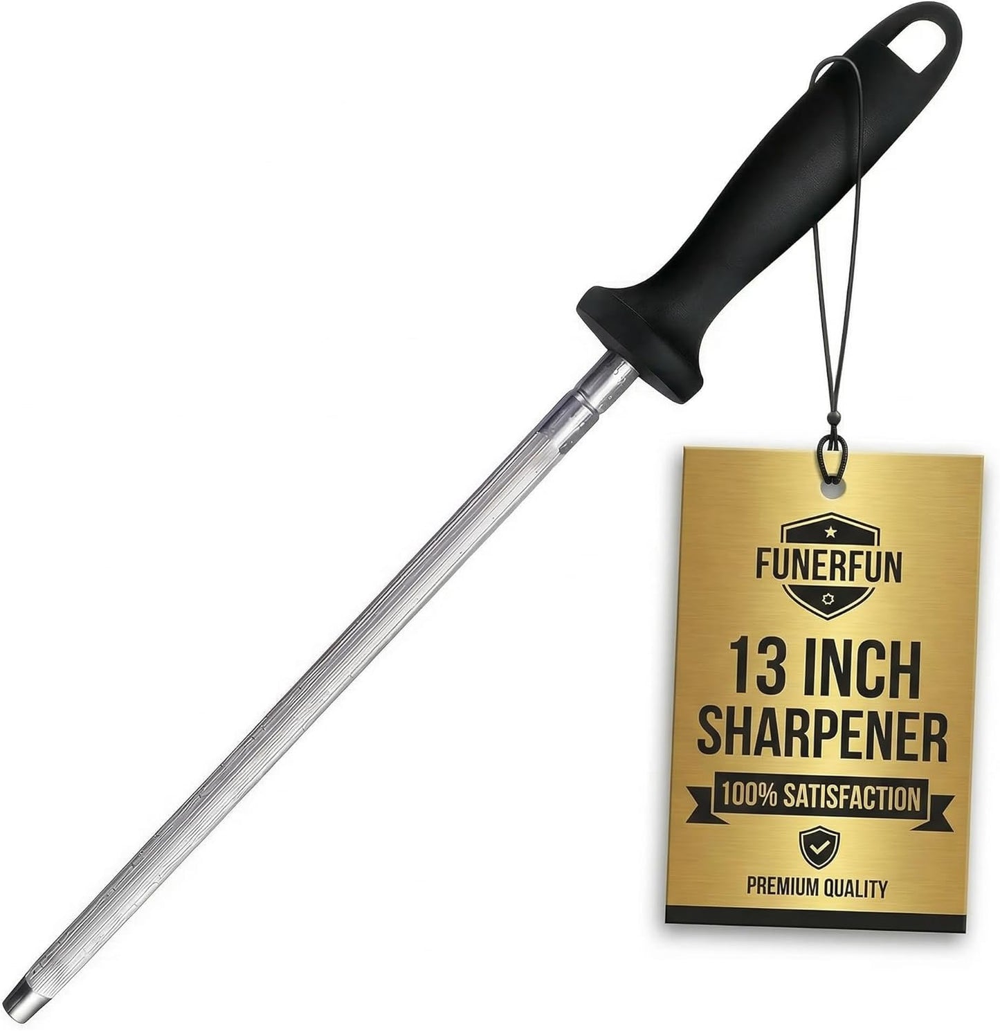 Knife Sharpener Rod, 13 Inch Carbon Steel Honing Steel for Kitchen Knives, Professional Magnetized Sharpening Stick with Nickel-Chrome Plating, Easy Grip Tool for Chef Knives