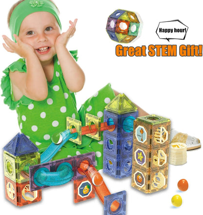 Magnetic Tiles Building Blocks Toys for Kids,144 PCS Magnet STEM Construction Set with LED Lights & Marble Run | Educational Learning Creative Gifts for Kids Ages 5-12 Boys and Girls