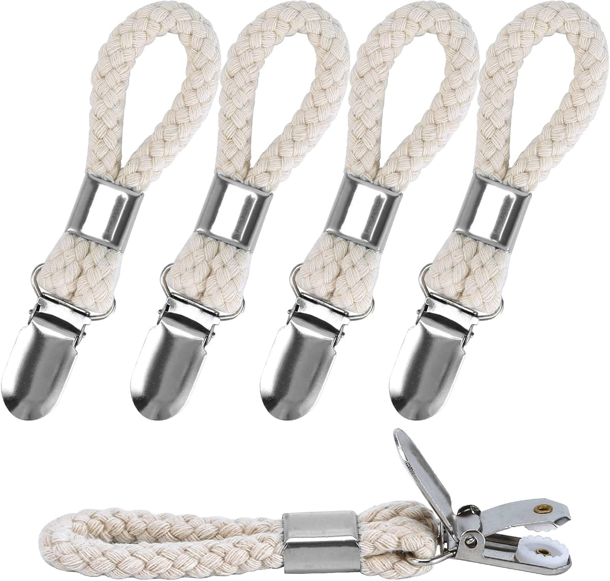 5 Pack Hanging Tea Towels Clip,Metal Kitchen Towels Clips with Hanging Loop Cloth Hook Clip Hangers for Home Kitchen Bathroom Cupboards Cloth Hanger Holder Brackets-Braided Cotton Loop