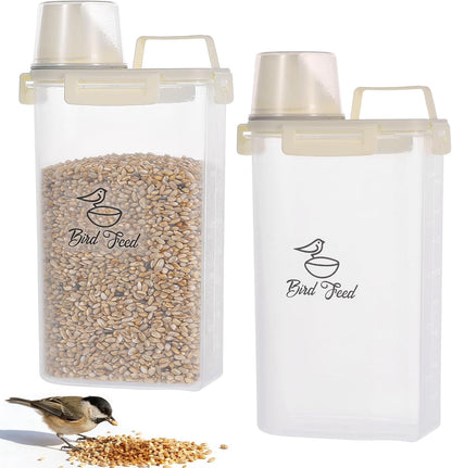 2 Pcs 3.17 Qt/3 L Bird Seed Storage Container Airtight- Portable Bird Food Container with Airtight Measuring Cup, Clear Pet Parrot Seed Dispenser for Birds Food Chicken Feed Storage, Beige Lid