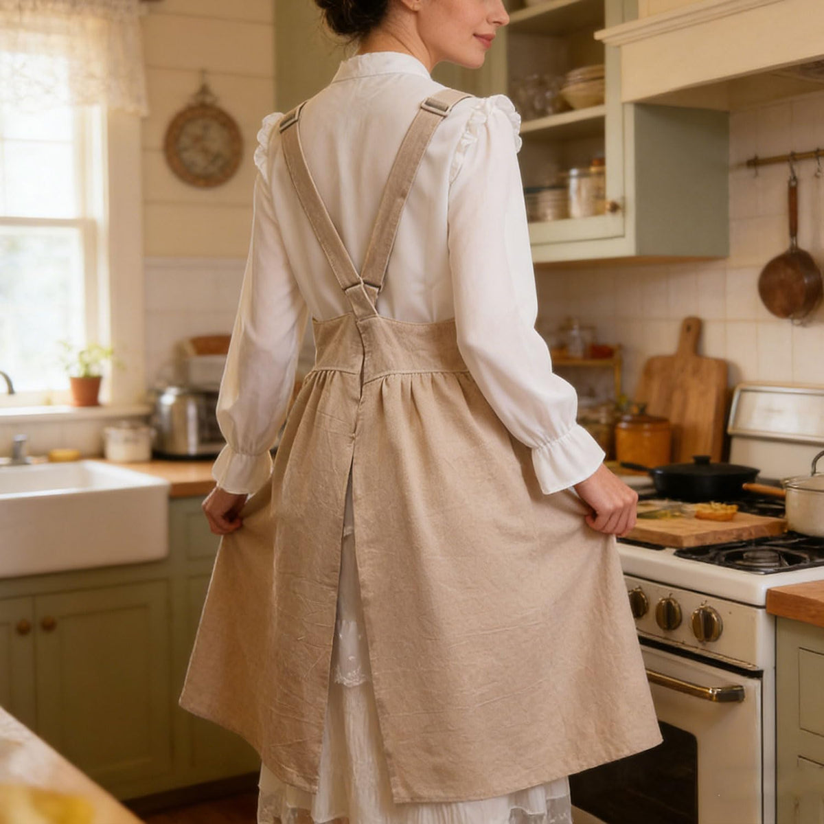 Uaussi Cotton Linen Apron Cross Back Work Apron for Women with Pockets Pinafore Dress X Cross Halter Apron for Chef Gardening
