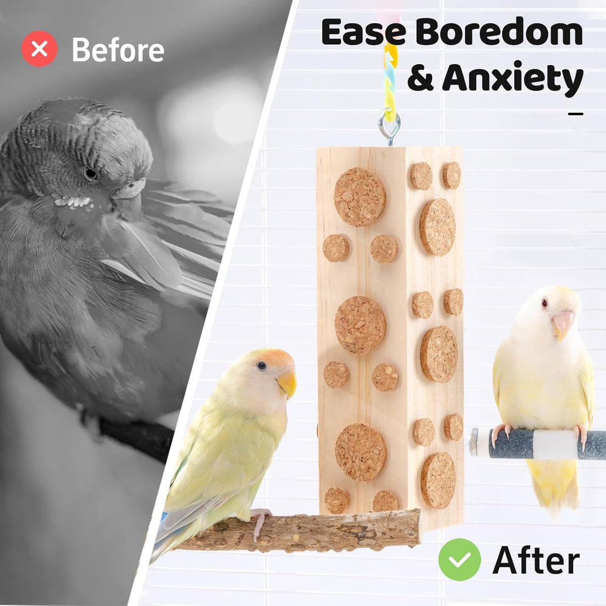 2 Pcs Wooden Bird Chew Toys - 7.9 Inch Hanging Parrot Toys, with 92 Detachable Corks, Relieve Boredom & Anxiety, Foraging Toys, for Parakeet, Cockatiel, Conure, Budgie, Lovebird