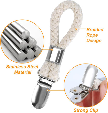 5 Pack Hanging Tea Towels Clip,Metal Kitchen Towels Clips with Hanging Loop Cloth Hook Clip Hangers for Home Kitchen Bathroom Cupboards Cloth Hanger Holder Brackets-Braided Cotton Loop
